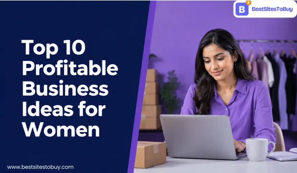 Top 10 profitable business ideas for women with a woman entrepreneur working on a laptop in a purple business workspace.