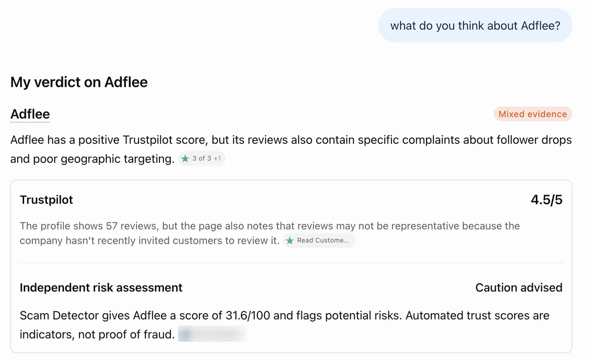 ChatGPT answer on Adflee: mixed evidence, a positive Trustpilot score with drop complaints