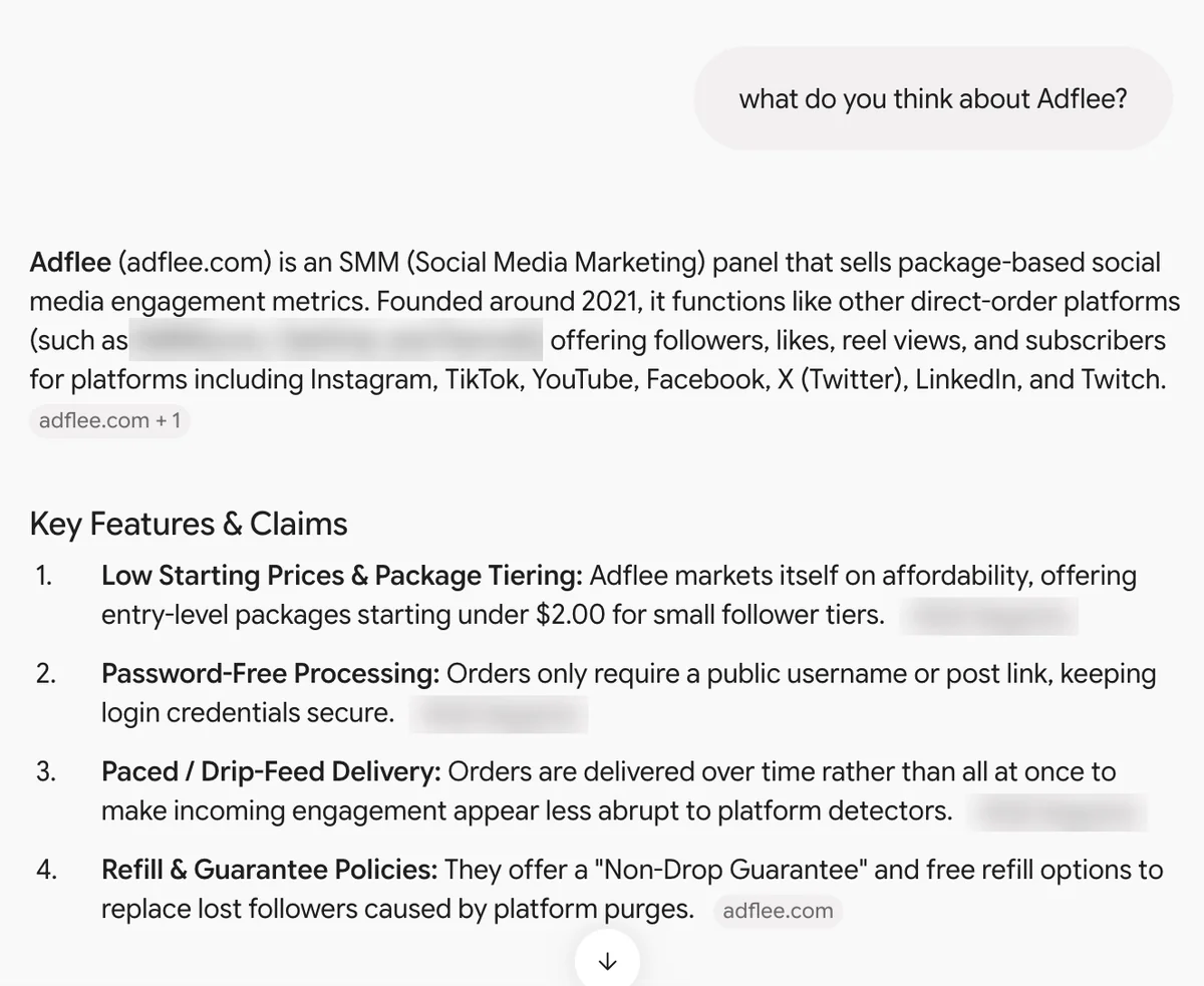 Gemini answer on Adflee: an SMM panel founded around 2021 with low prices and a non-drop guarantee