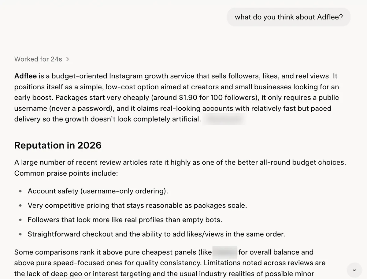 Grok answer on Adflee: a budget-oriented Instagram growth service praised by recent articles