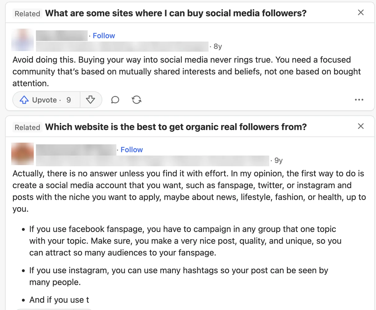Older Quora answers advising against buying social media followers; Adflee is not named
