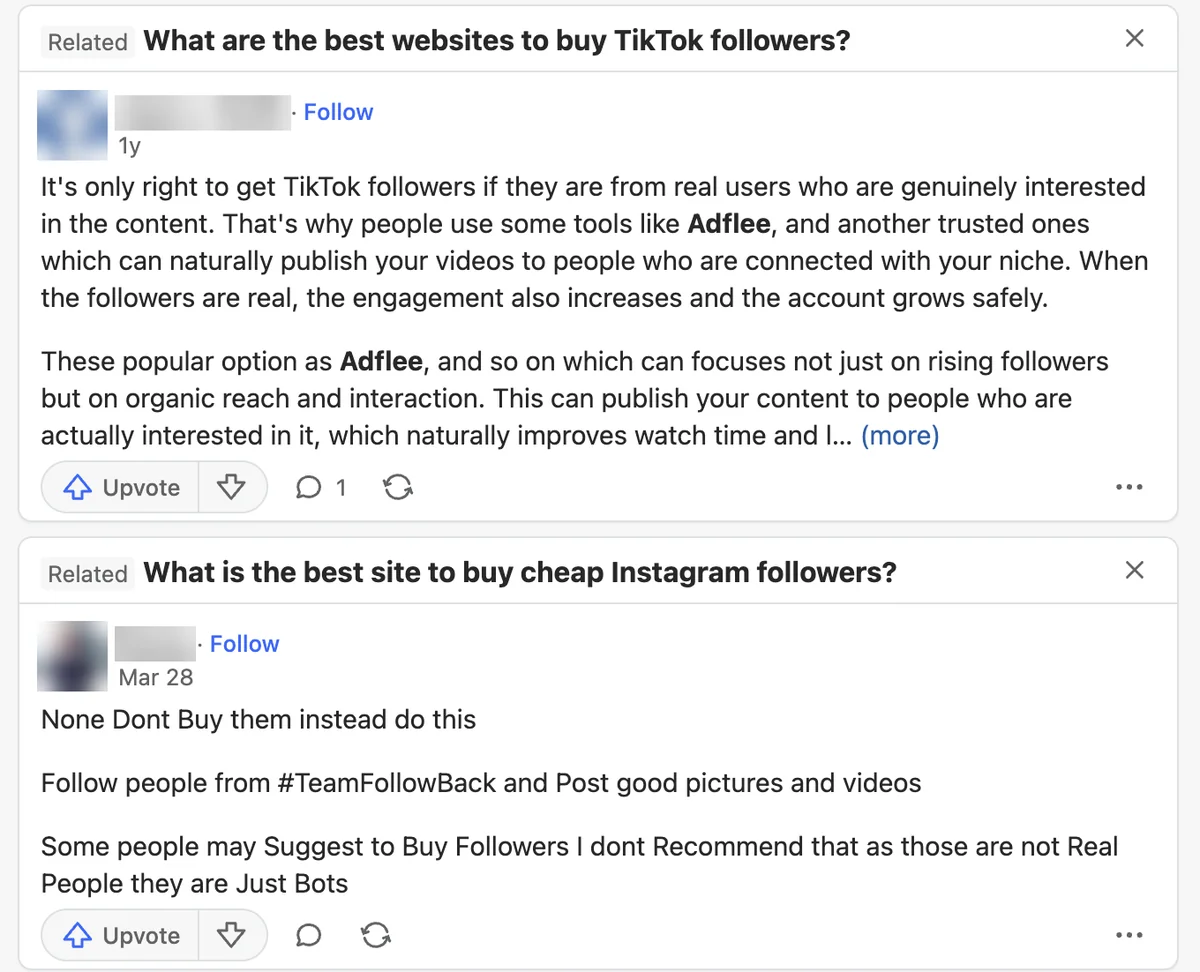 Quora answers: one calls Adflee a popular option, another says bought followers are just bots