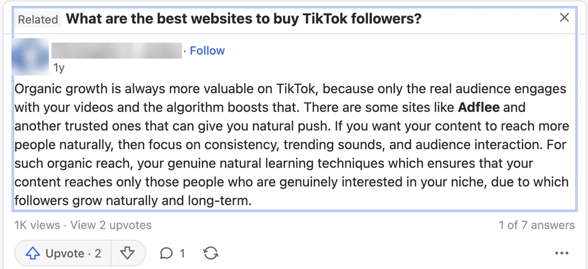 Quora answer on buying TikTok followers that names Adflee, then recommends organic consistency