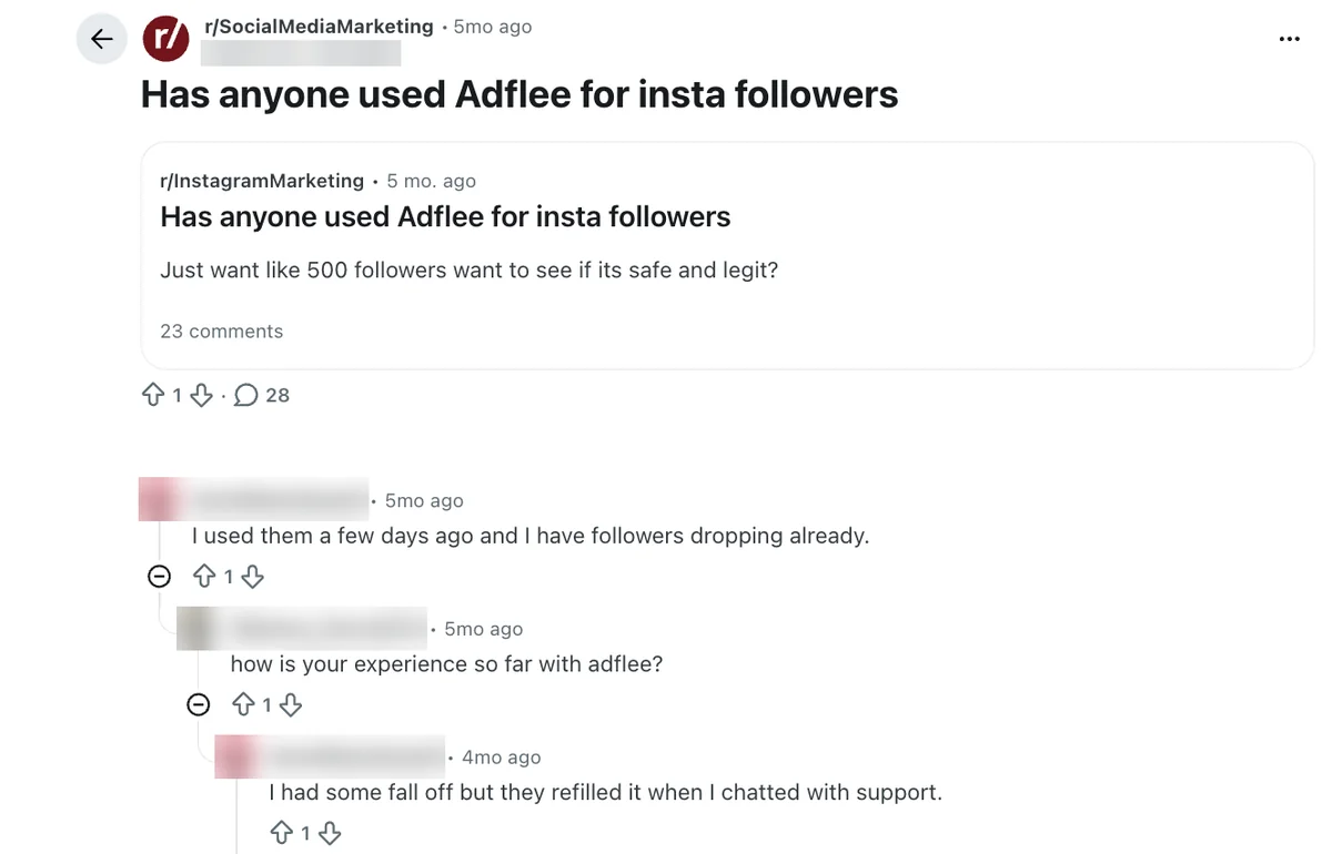 Reddit thread asking if Adflee is safe; a reply says followers dropped, then support refilled them