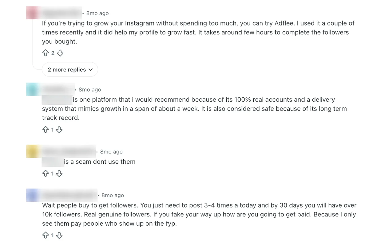 Reddit replies: one says Adflee takes a few hours to deliver, others name sellers that are blurred