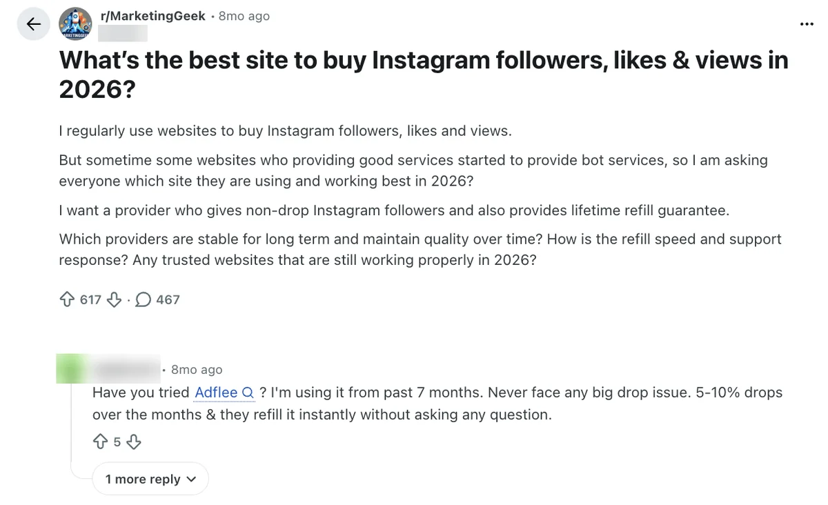 Reddit reply claiming 7 months of Adflee use with 5-10% drops refilled, in a best site to buy thread