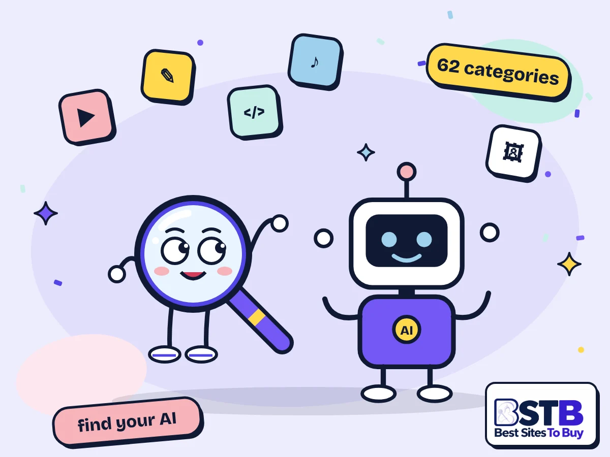 AI tools directory: Scout the BSTB mascot and a friendly robot surrounded by video, writing, code and music tool tiles