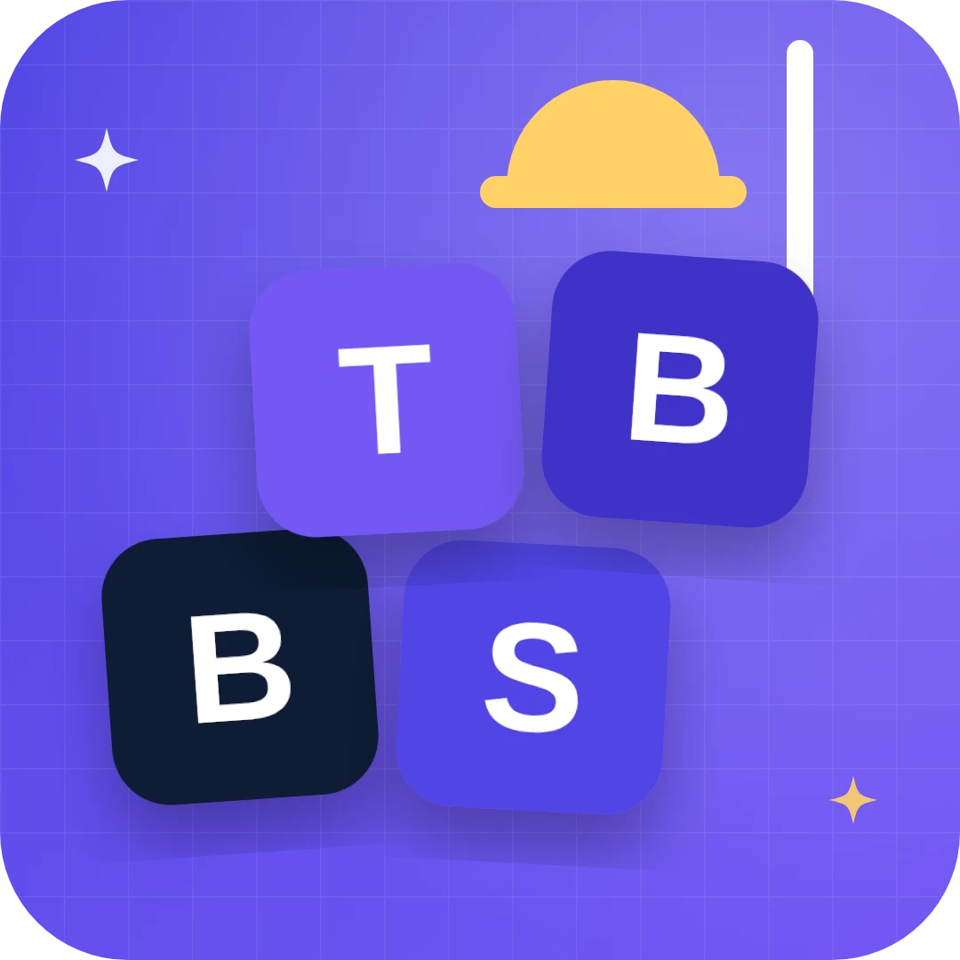 Letter blocks B, S, T, B stacked under a crane and hard hat: the site creators built for themselves
