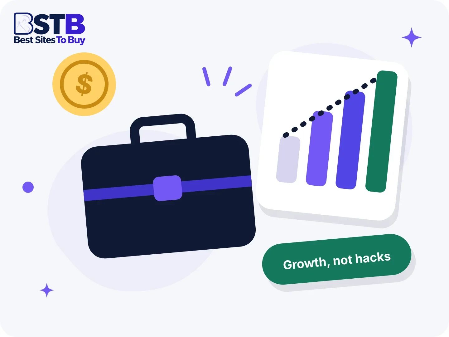 Business growth guides: a briefcase, a rising bar chart and a coin