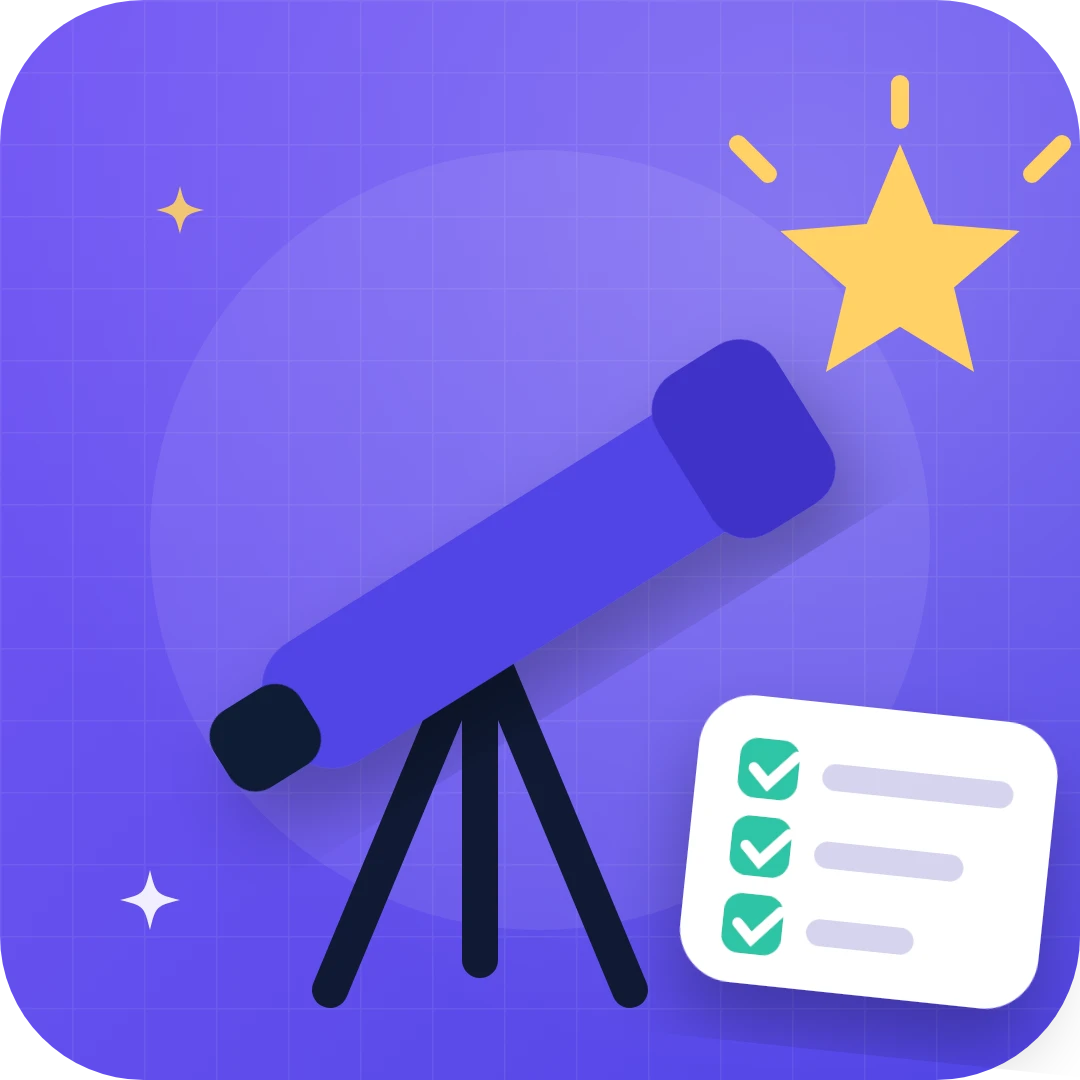 Telescope aimed at a star beside a ticked checklist: grow on social media with less guesswork