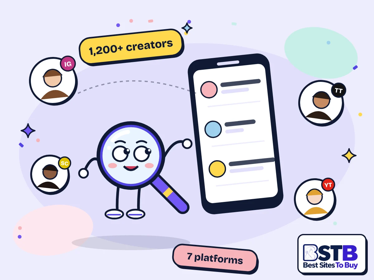 Influencer directory: Scout the BSTB mascot with a phone and creator avatars from Instagram, TikTok, YouTube and Snapchat