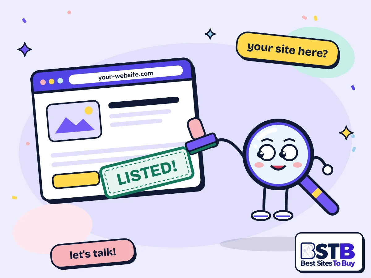 List your website on Best Sites To Buy: Scout the mascot stamping LISTED on a website card