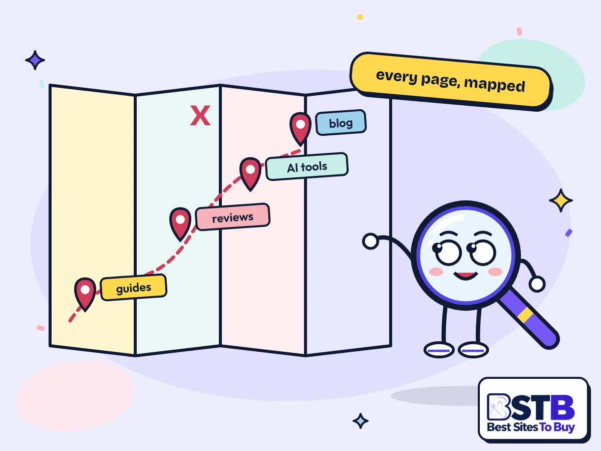 Best Sites To Buy Sitemap Best Sites To Buy sitemap: Scout beside a folded map with pins for guides, reviews, AI tools and the blog