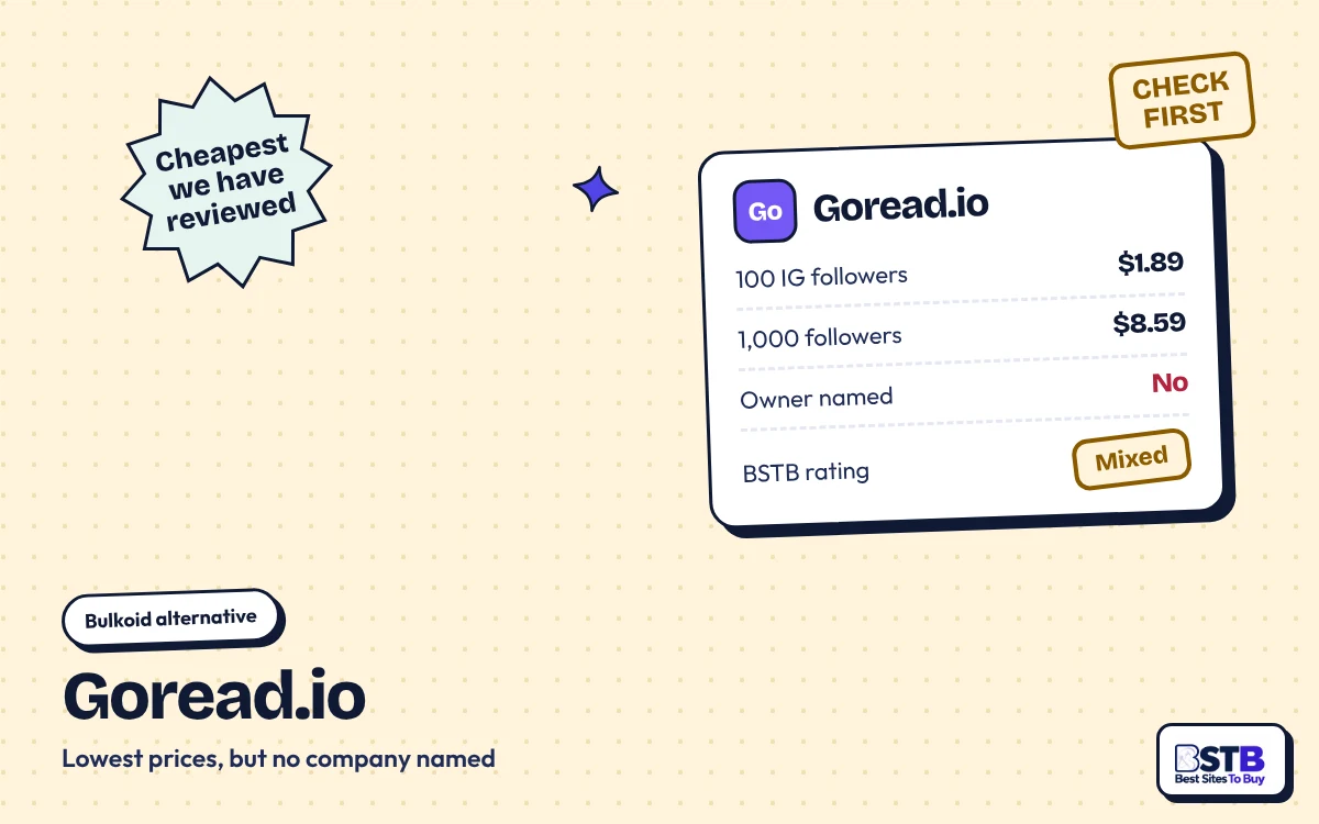 Bulkoid alternative Goread.io: 100 Instagram followers for $1.89, 1,000 for $8.59, no company named, rated Mixed