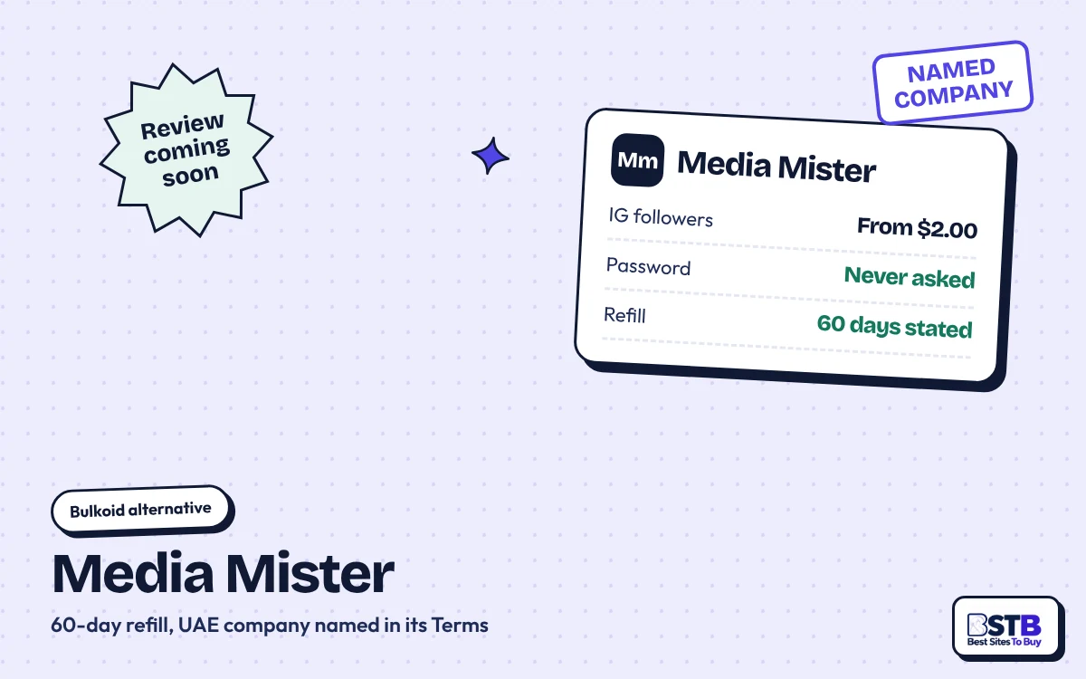 Bulkoid alternative Media Mister: Instagram followers from $2.00, no password, 60-day refill as stated