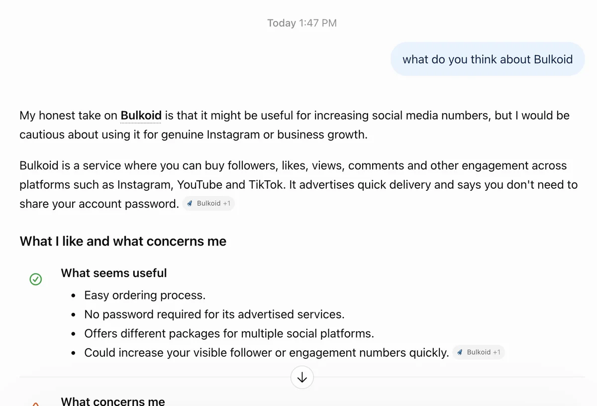ChatGPT answer on Bulkoid: useful for numbers, but cautious for genuine Instagram or business growth