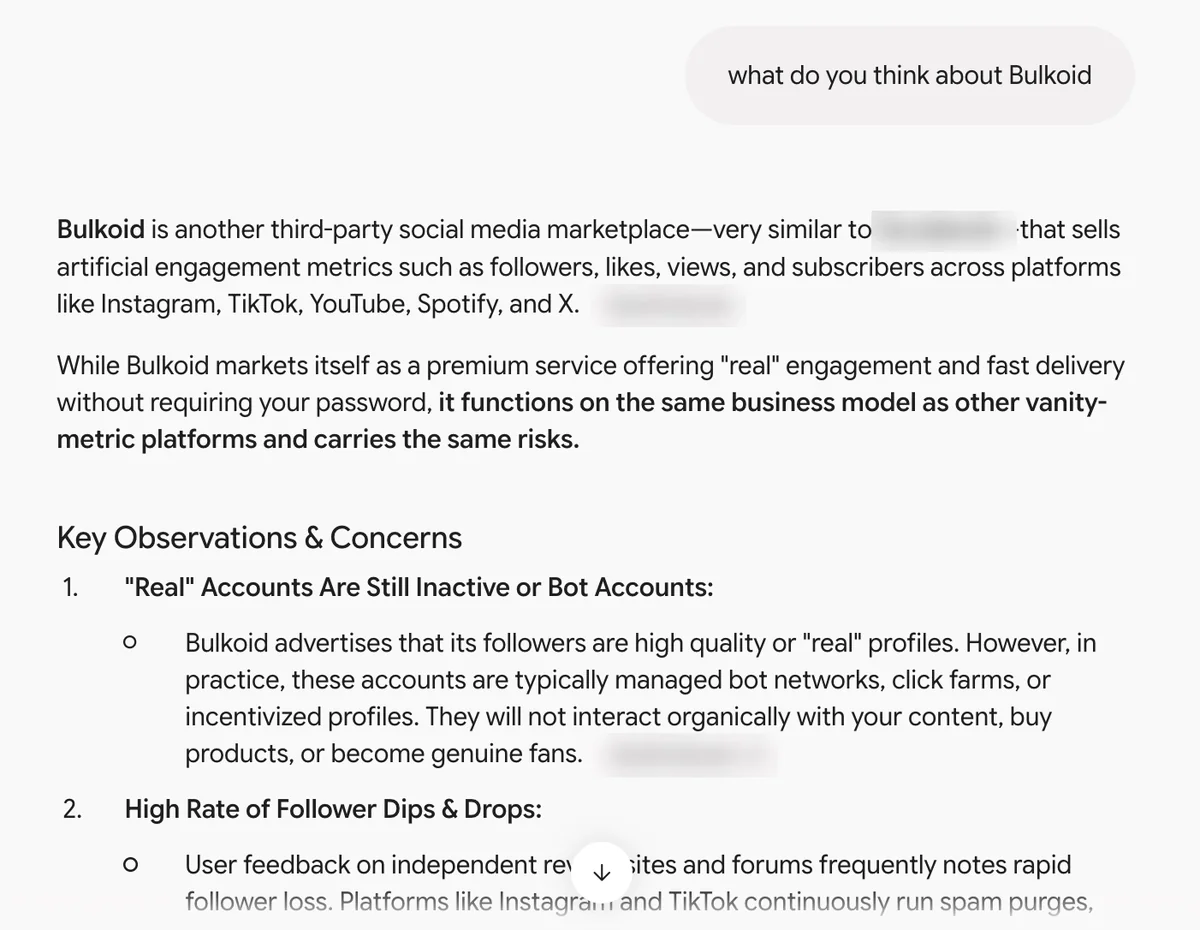Gemini answer on Bulkoid: same business model and risks as other vanity-metric sellers