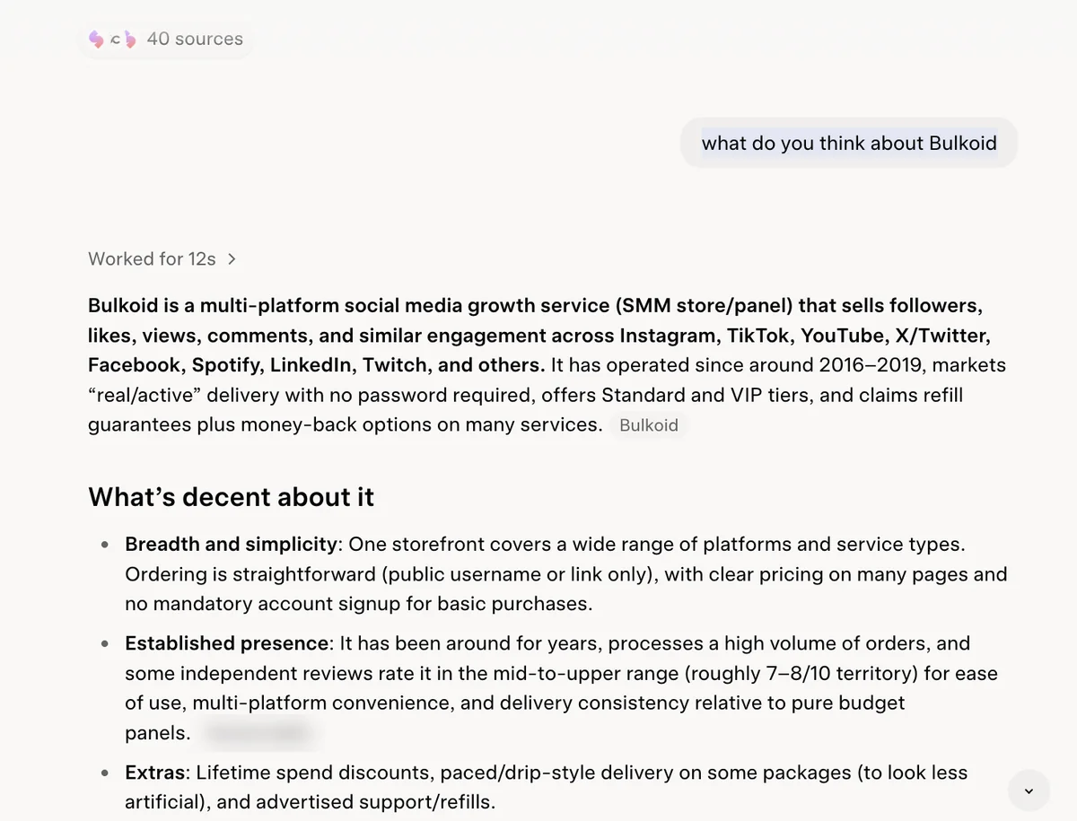 Grok answer on Bulkoid: a multi-platform SMM store with Standard and VIP tiers and no password