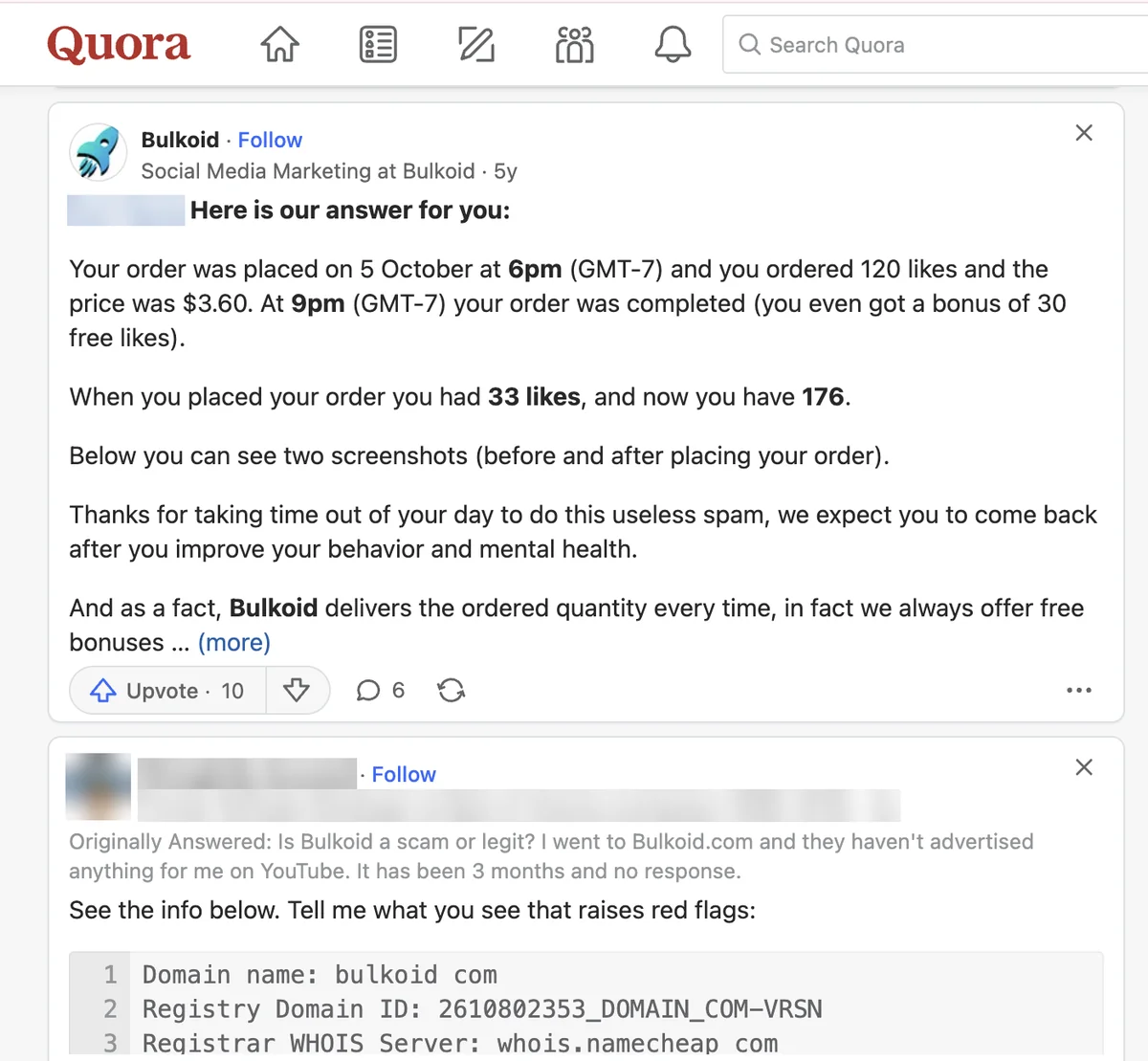 Bulkoid company account on Quora replying to a complaint with order details and calling it spam