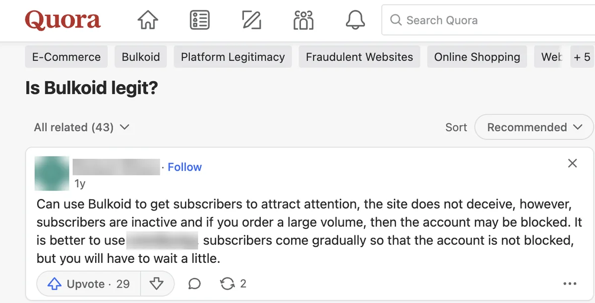 Quora answer to "Is Bulkoid legit?": the site does not deceive, but subscribers are inactive