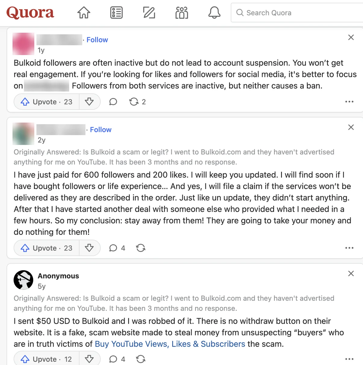 Quora answers on Bulkoid: inactive followers, an order that never started, and $50 lost