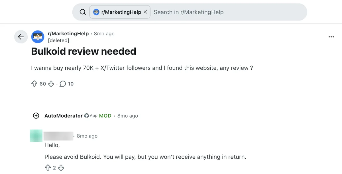 Reddit r/MarketingHelp post "Bulkoid review needed" with a reply saying to avoid Bulkoid
