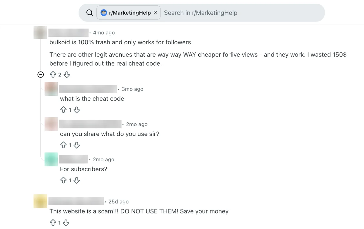 Reddit replies calling Bulkoid trash and a scam, one citing $150 wasted on live views