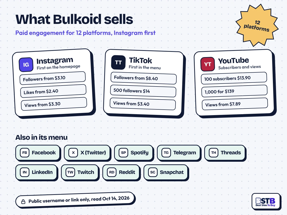 What Bulkoid sells: Instagram, TikTok and YouTube prices plus nine more platforms such as Facebook, X and Spotify