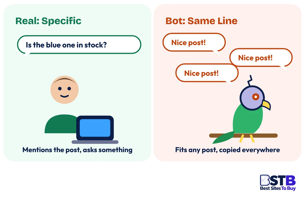 Real commenter vs bot when you buy Facebook comments