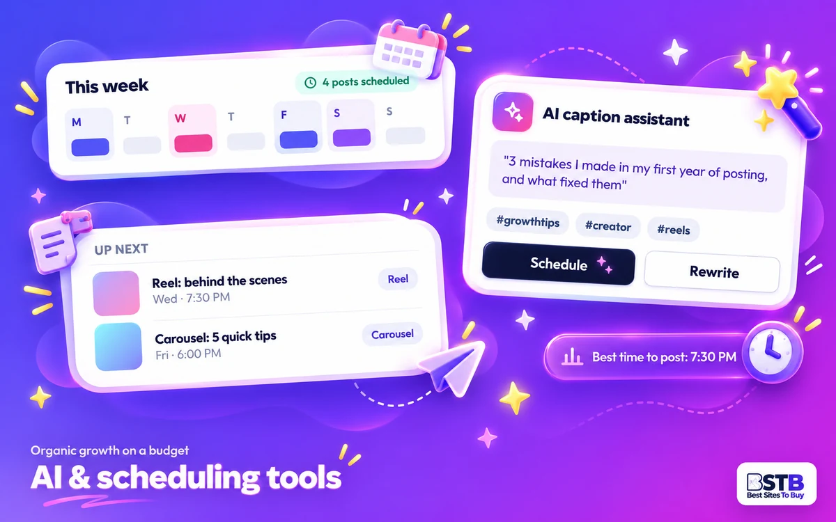 Weekly content calendar with an AI caption assistant and a queue of scheduled Instagram posts