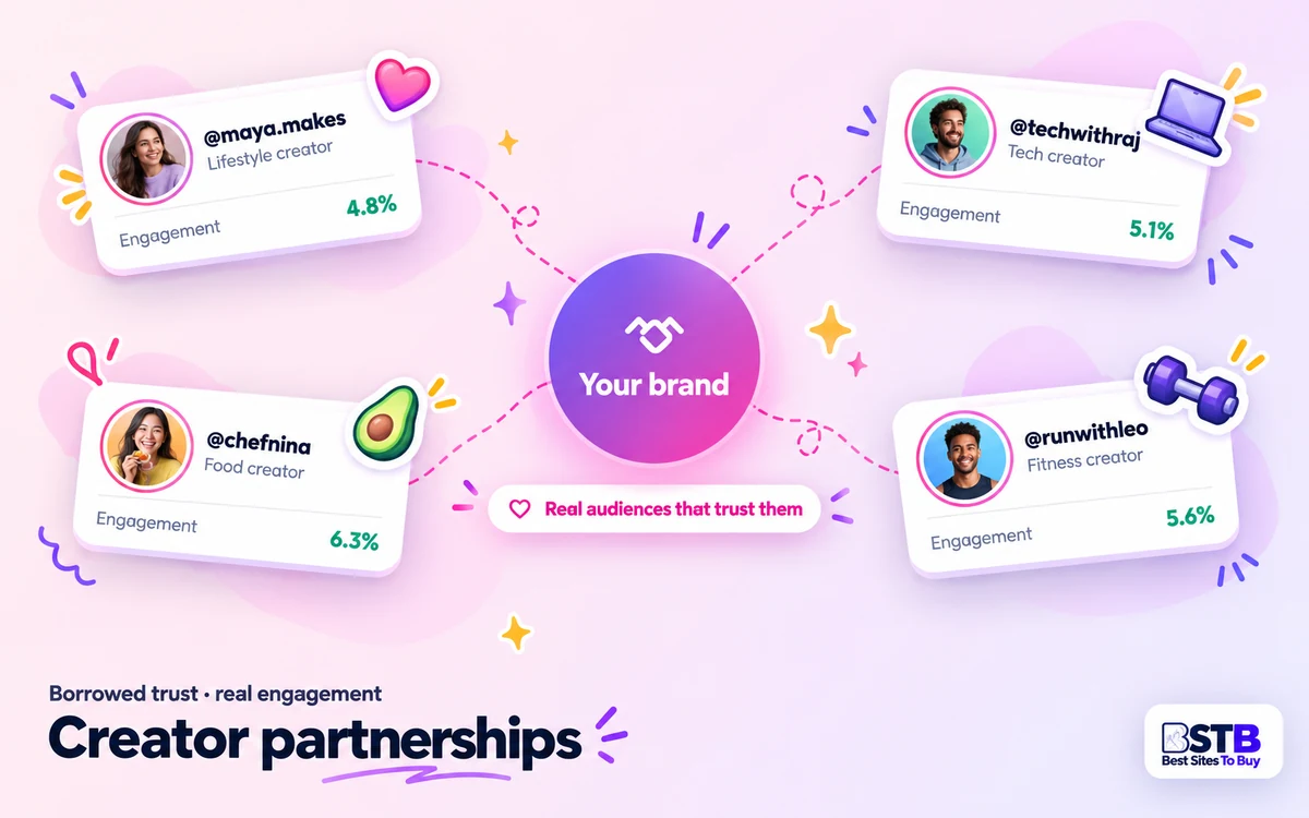 Brand connected to four creator profiles with engagement rates between 4.8% and 6.3%