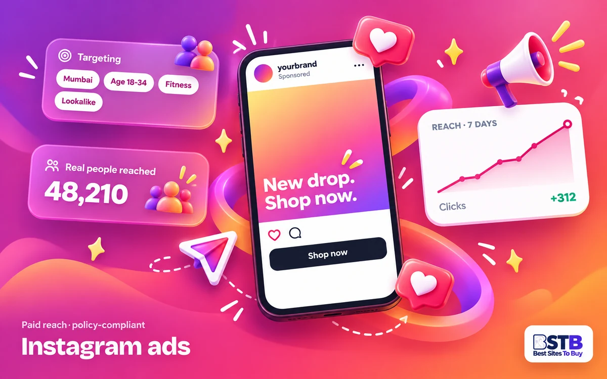Sponsored Instagram post with location, age and interest targeting and a rising 7-day reach chart