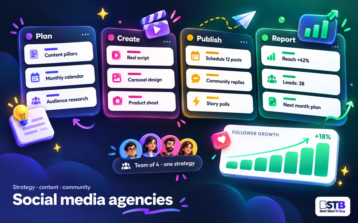 Agency workflow board with Plan, Create, Publish and Report columns and a follower growth chart