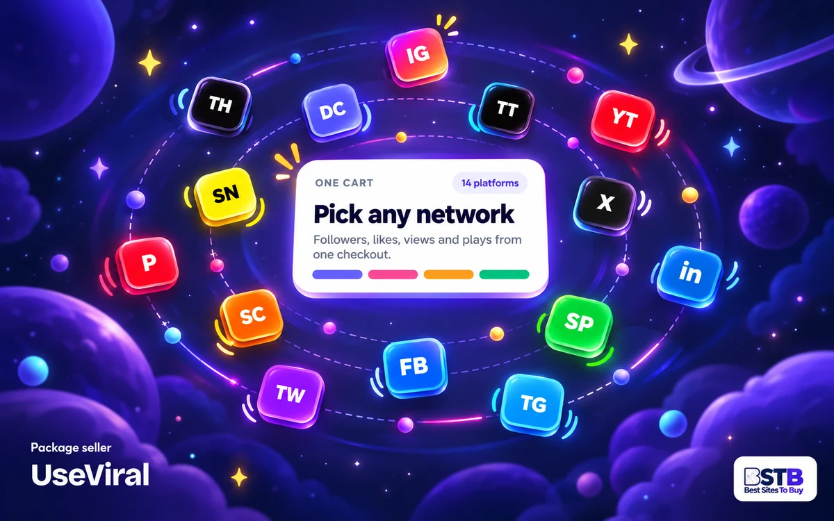 UseViral as a Buzzoid alternative, shown as 14 social platform icons around a single checkout card