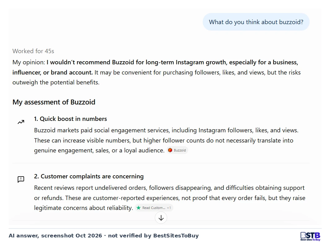 ChatGPT answer saying it would not recommend Buzzoid for long-term Instagram growth, especially for businesses and brands