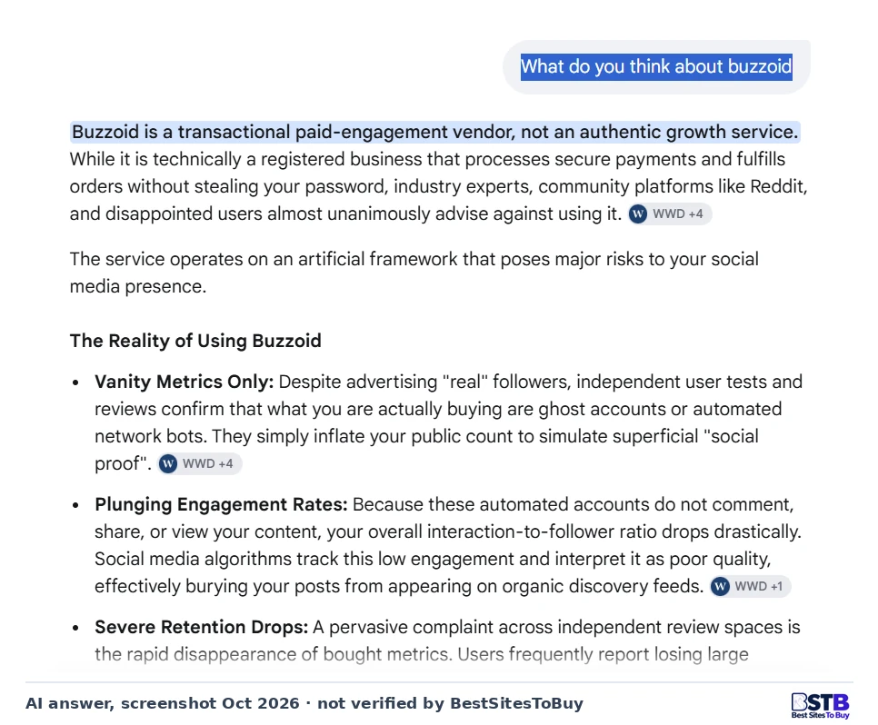Google AI answer calling Buzzoid a transactional paid-engagement vendor, not an authentic growth service