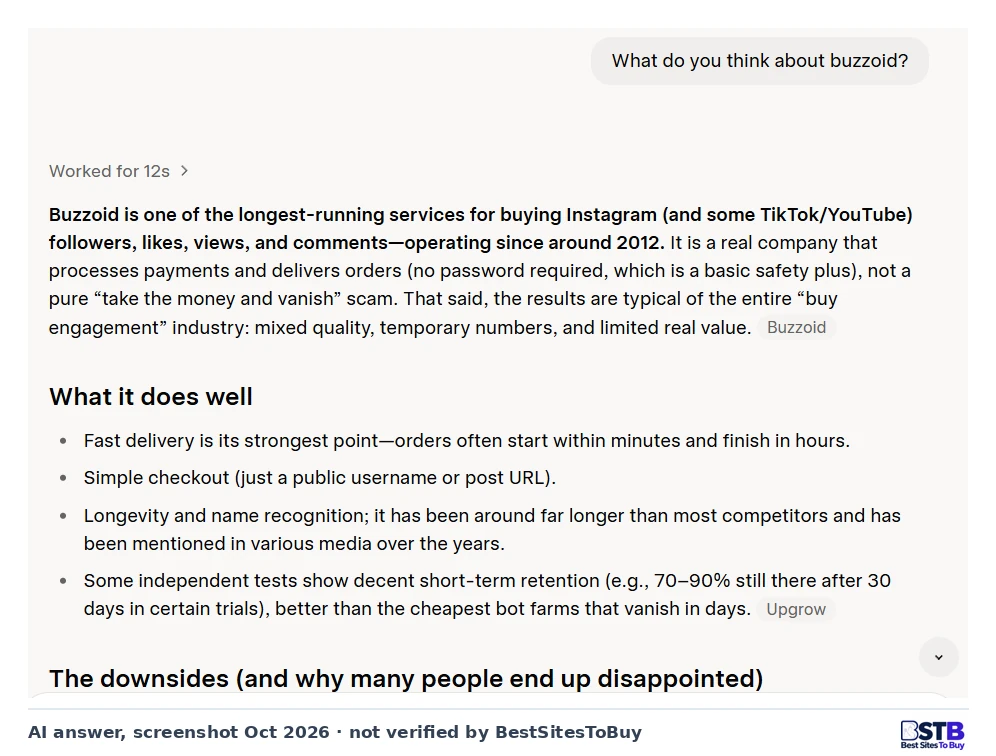 Grok answer describing Buzzoid as a long-running real company with fast delivery but mixed quality and limited real value