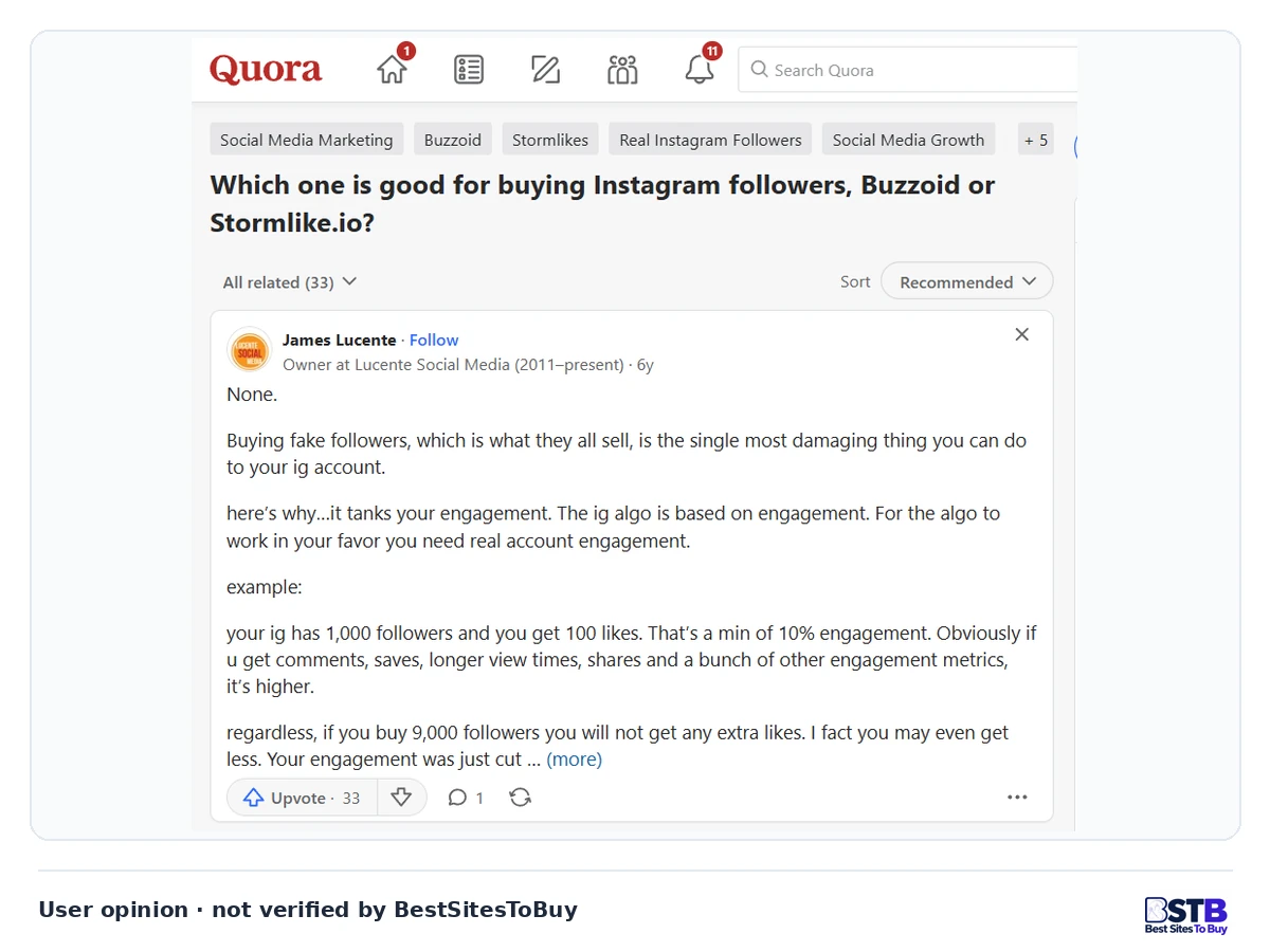 Quora answer to "Which one is good for buying Instagram followers, Buzzoid or Stormlike.io?" saying neither, because fake followers cut engagement