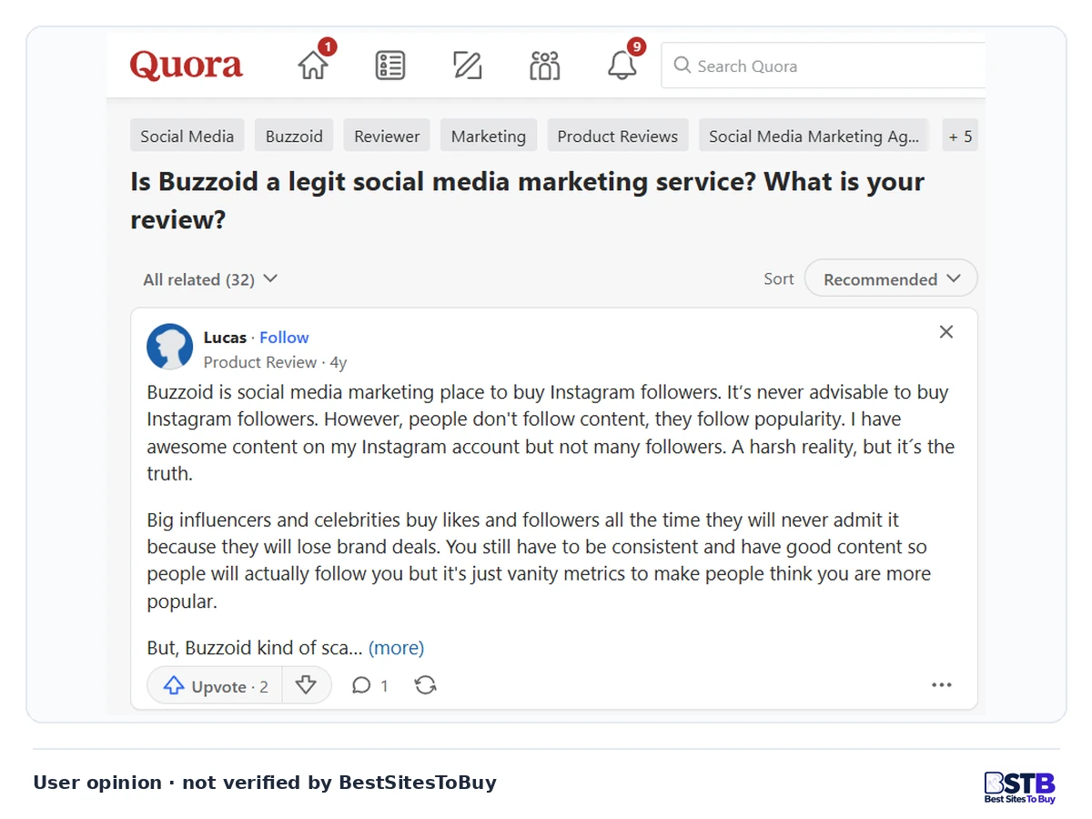 Quora answer to "Is Buzzoid a legit social media marketing service?" calling bought followers vanity metrics