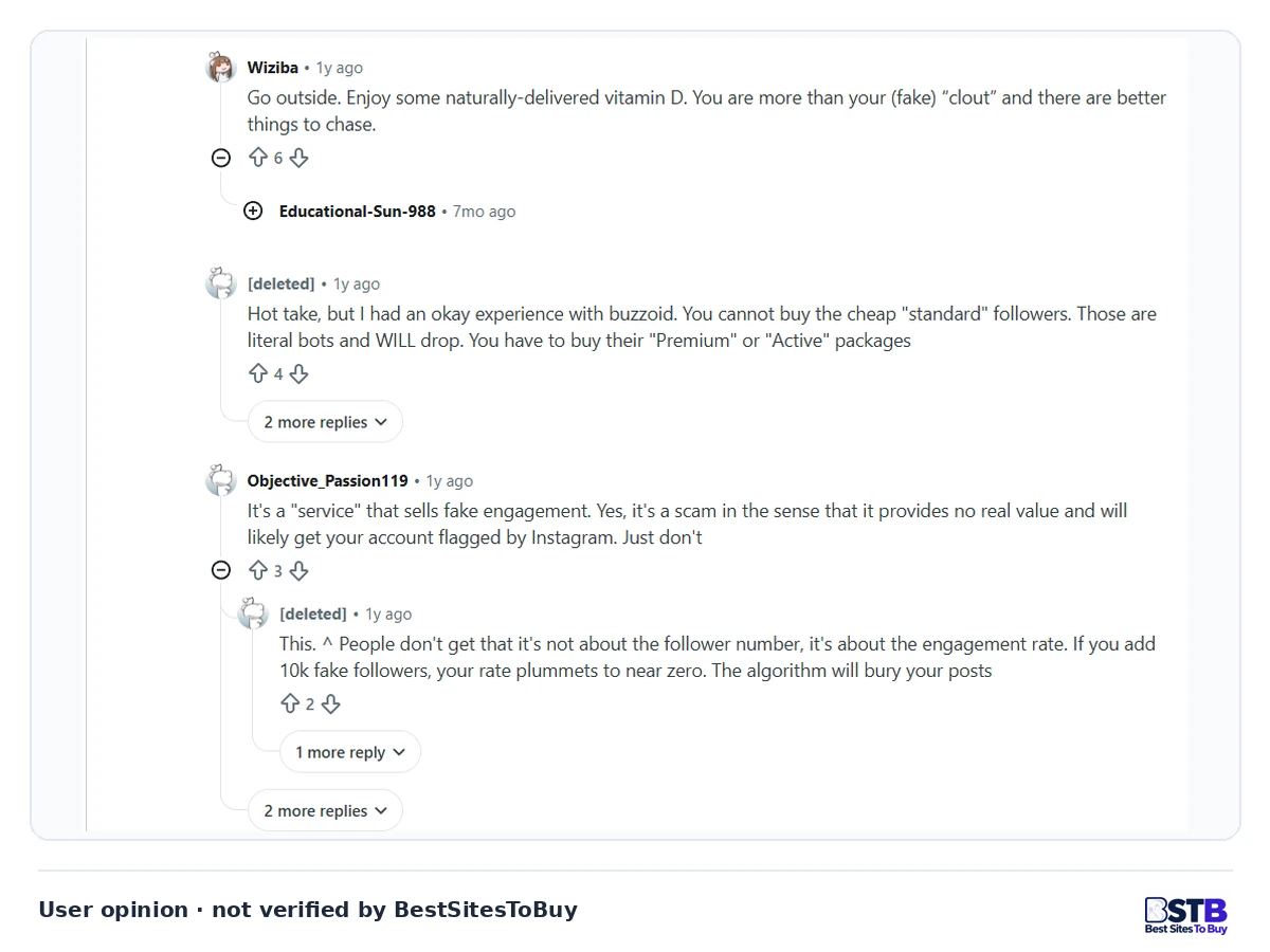 Reddit replies saying Buzzoid's cheap standard followers drop, Premium or Active packages work better, and fake followers hurt engagement