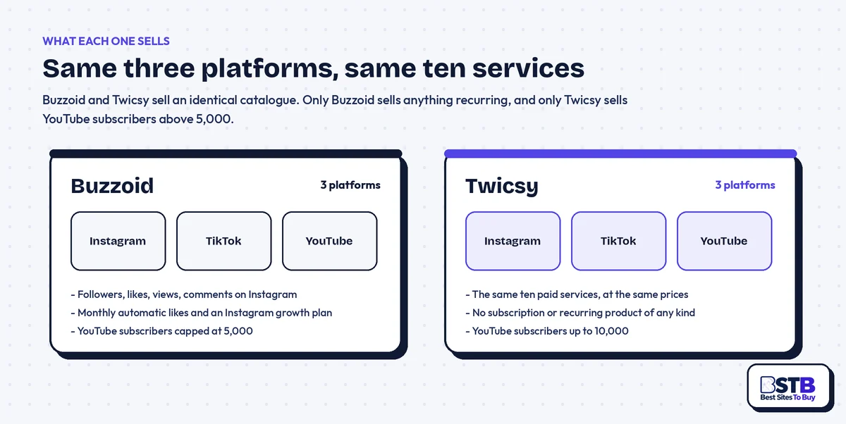 Buzzoid vs Twicsy platform coverage chart for Instagram, TikTok and YouTube