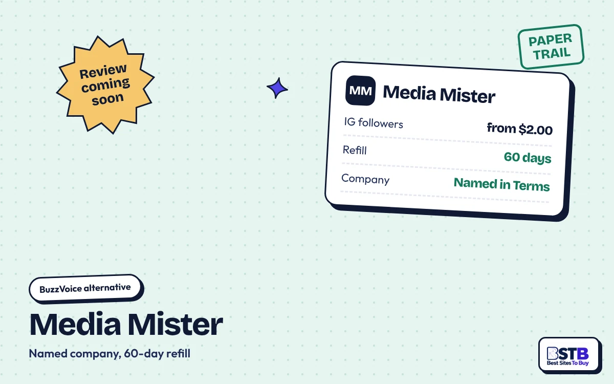 BuzzVoice alternative Media Mister: company named in its Terms, 60-day refill, Instagram followers from $2.00