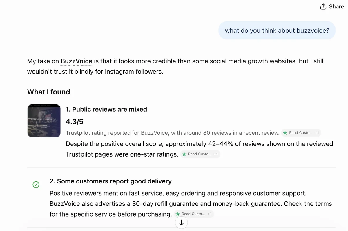 ChatGPT answer on BuzzVoice: more credible than some growth sites, but would not trust it blindly