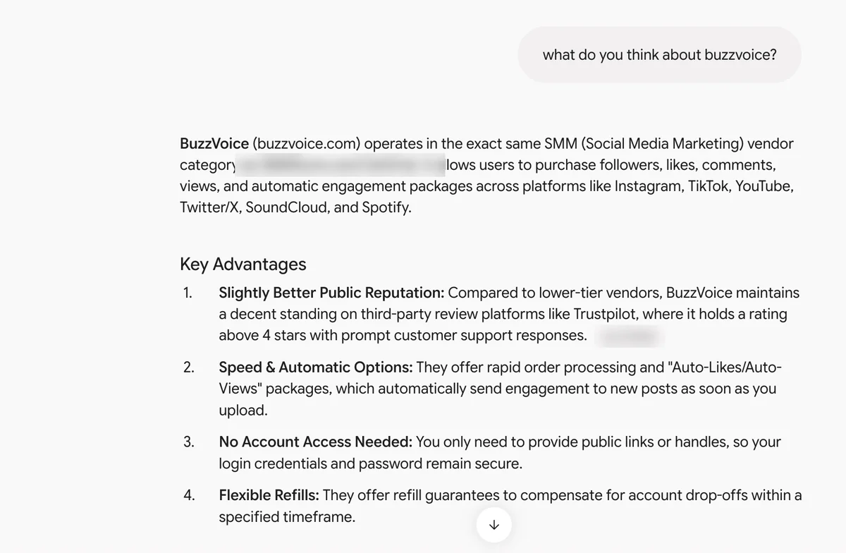 Gemini answer on BuzzVoice: slightly better reputation, Auto-Likes, no account access and refills