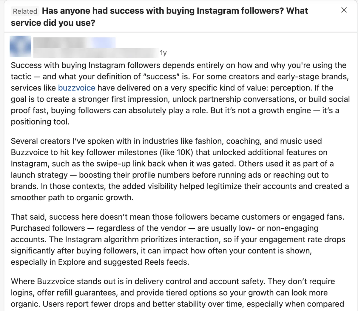 Quora answer naming BuzzVoice as a perception tool for Instagram followers, not a growth engine