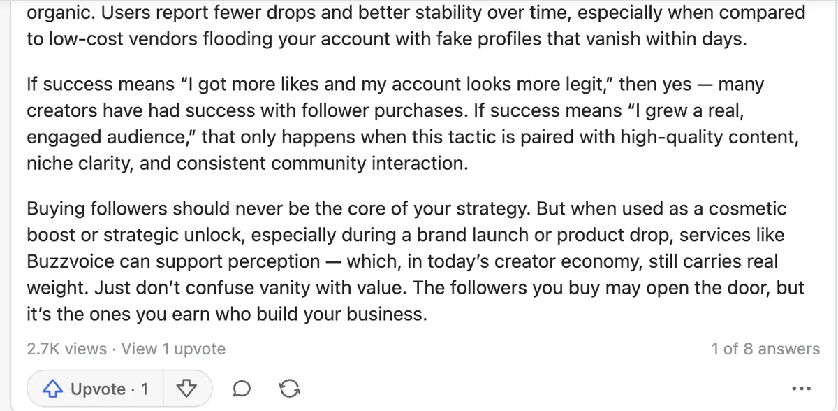 End of a Quora answer calling BuzzVoice a cosmetic boost and warning not to confuse vanity with value