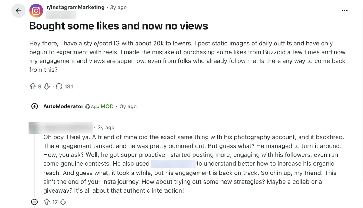 Reddit post about likes bought from Buzzoid, a similar name to BuzzVoice, followed by low views