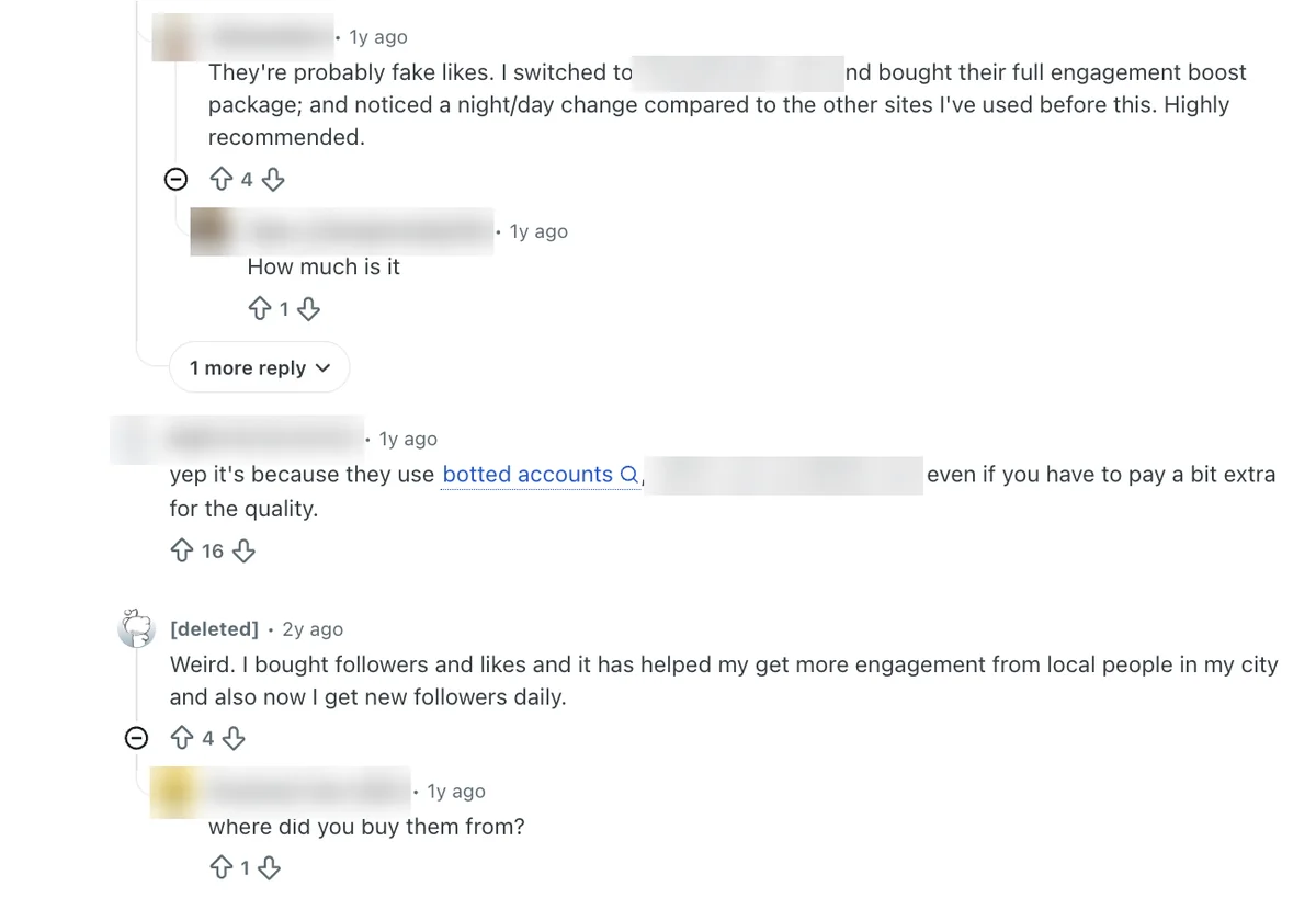 Reddit replies in a Buzzoid thread blaming botted accounts; Buzzoid is a different seller from BuzzVoice