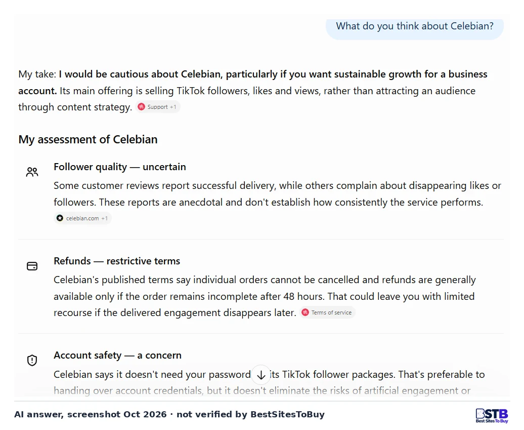 ChatGPT answer advising caution about Celebian and noting its no-cancellation and 48-hour refund terms