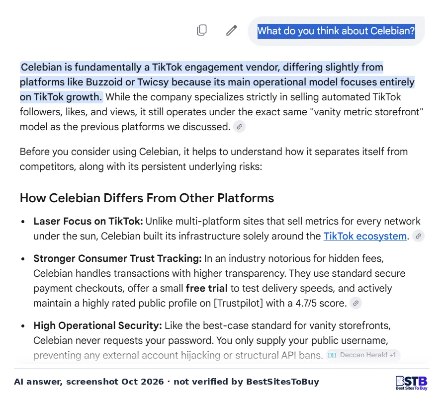 Google AI answer calling Celebian a TikTok engagement vendor that differs from Buzzoid or Twicsy by focusing on TikTok